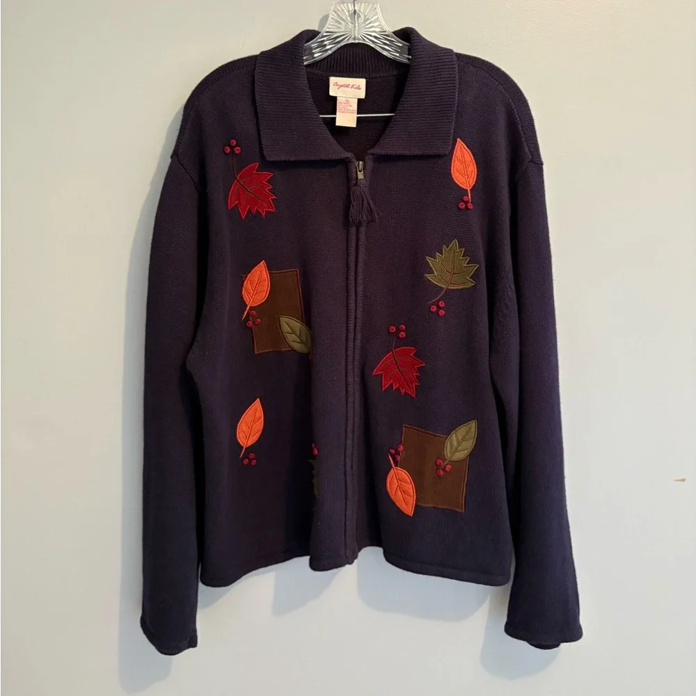 Vintage Crystal-Kobe Navy Full Zip Cardigan Leaf Fall Embroidery Collared Comfy